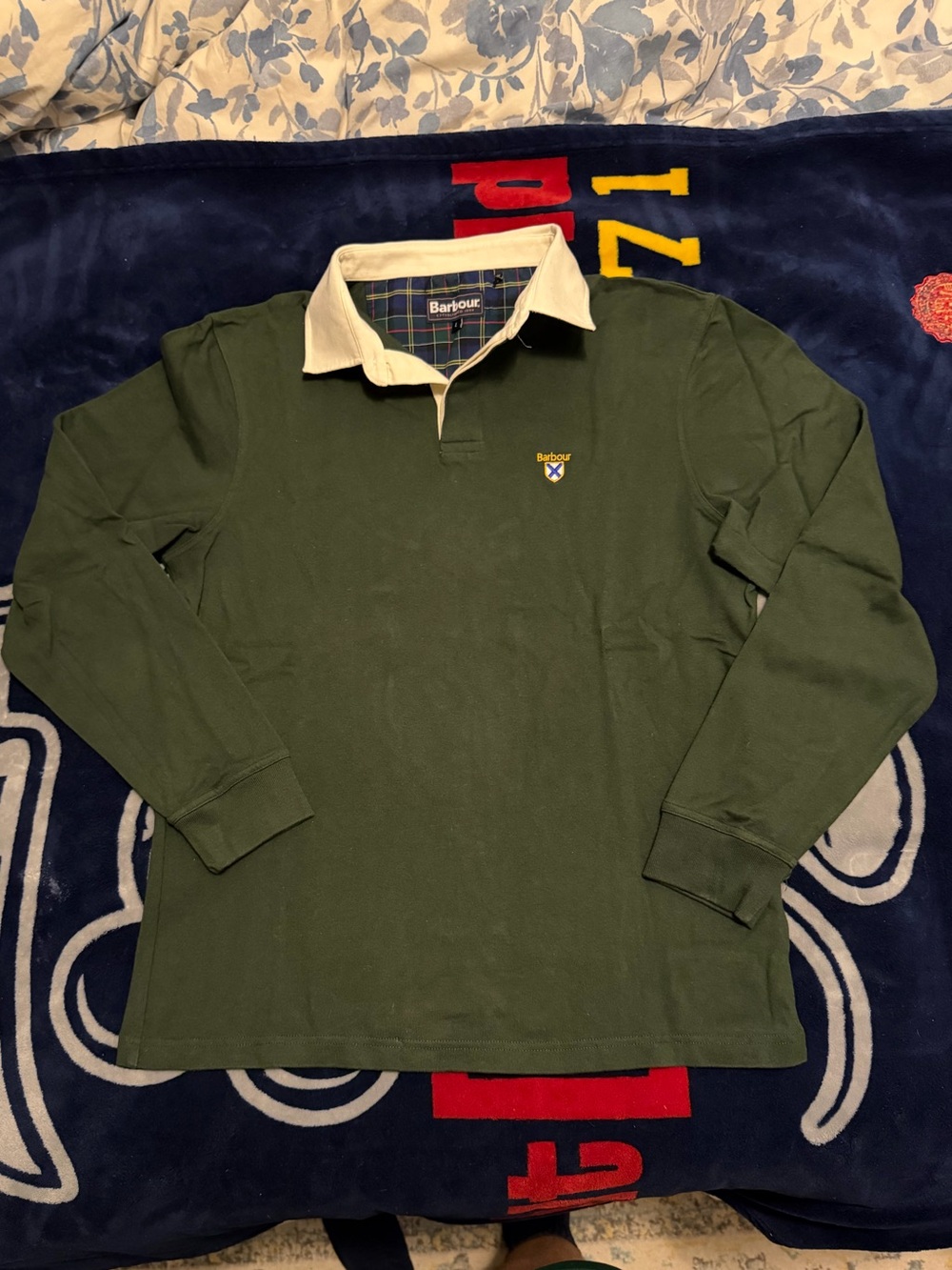 Barbour Men’s Large Hunter Green Rugby Shirt Long Sleeve Cotton Tartan Collar